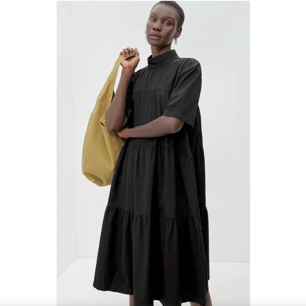 Everlane Black Mockneck Tiered Midi Dress